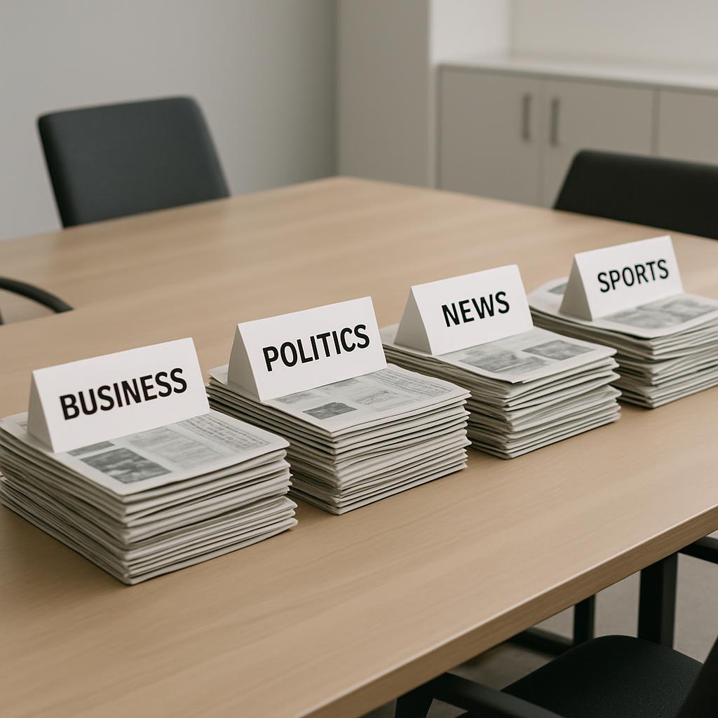 A stack of newspapers with headings labeled business, politics, news and sports on a wooden table.
